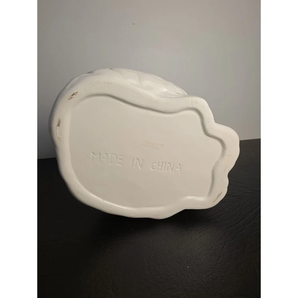 VTG White Persian Cat Cookie Jar Ceramic Wencome Blue Eyes Ribbon Cottagecore